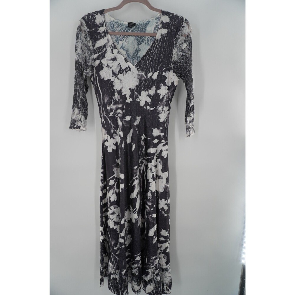 Komarov Black White Floral Pleated Chevron Whimsigoth Midi Dress Size Petit M